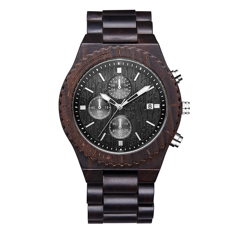 Wooden Watch Men's Chronograph Black Multifunction Eco-friendly Natural Wood Watch